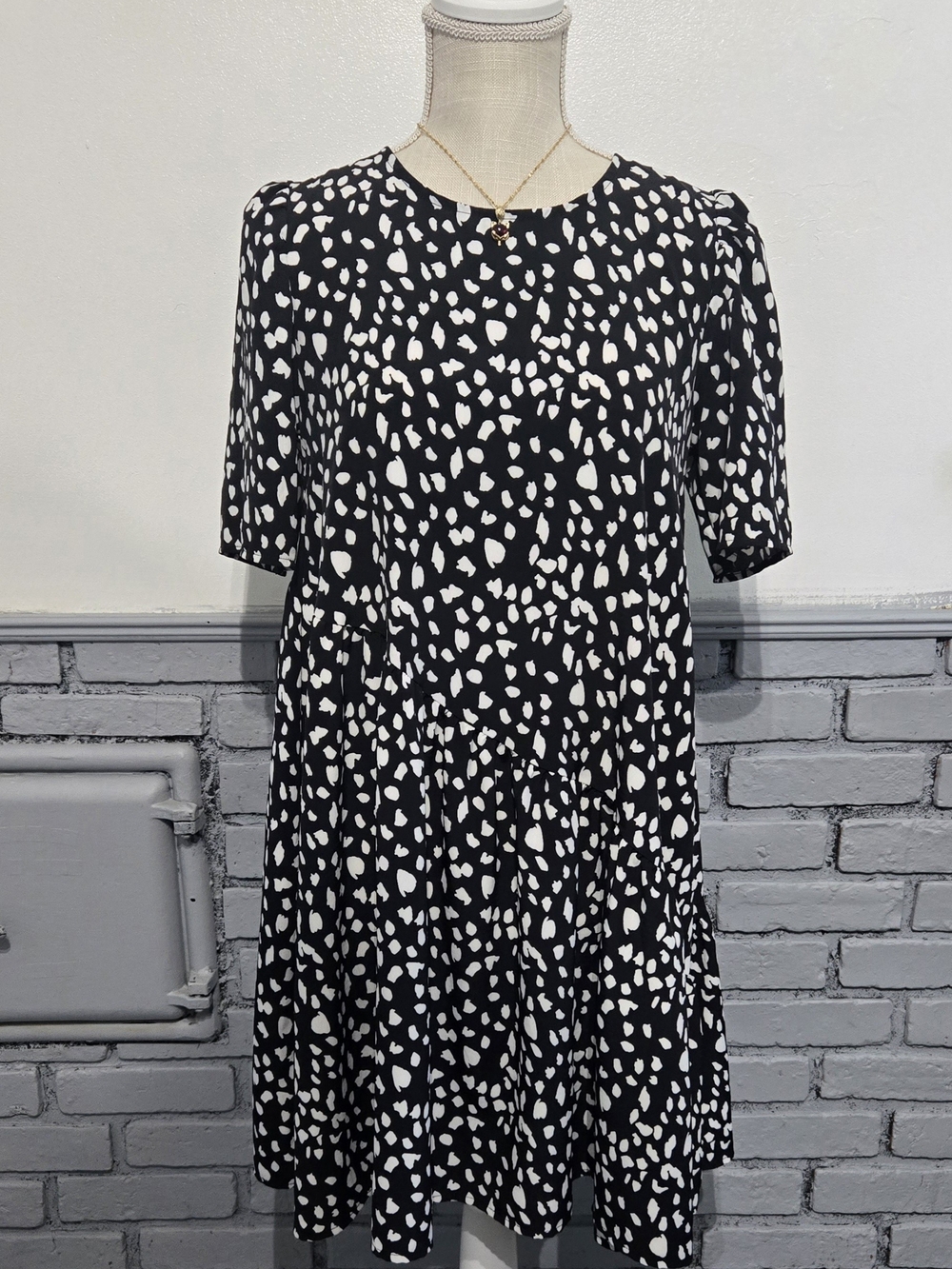 wonder nation Black & White Dot Tiered Mini Dress